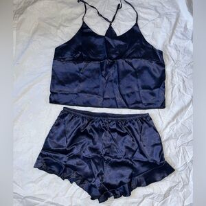 Elegant Navy Satin Sleepwear Set